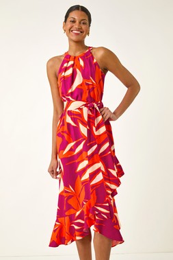 Roman Cerise Floral Print Frill Wrap Midi Dress