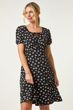 Roman Petite Black Ditsy Floral Tie Detail Dress