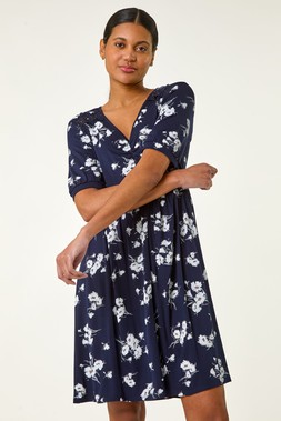Roman Floral Print Lace Trim Stretch Dress