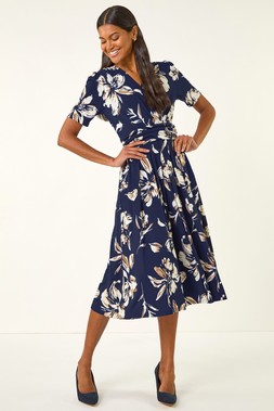 Roman Navy Floral Wrap Midi Dress