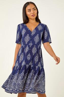 Roman Petite Border Print Tiered Dress