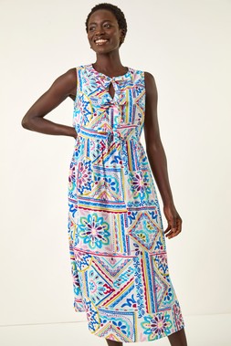 Roman Tile Print Bow Front Midi Dress