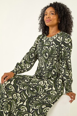 Roman Petite Khaki Printed Shirred Midi Dress
