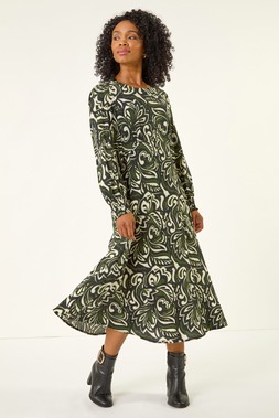 Roman Petite Khaki Printed Shirred Midi Dress