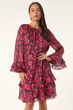 Roman Petite Black Floral Print Frill Dress