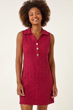 Roman Wine Crinkle Stretch Button Dress