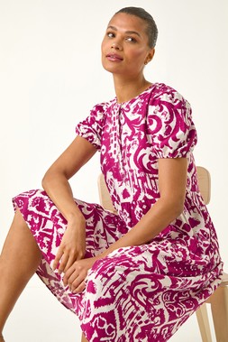 Roman Magenta Abstract Print Midi Shirt Dress