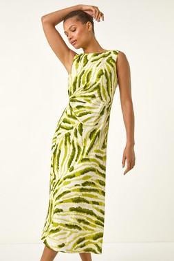 Roman Green Abstract Side Pleat Midi Dress