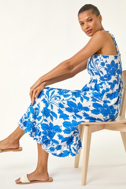 Roman Floral Shirred Midi Dress