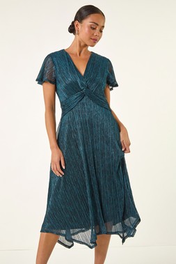 Roman Petite Teal Shimmer Twist Front Midi Dress