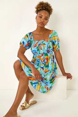 Roman Light Blue Leaf Print Shirred Short Dress