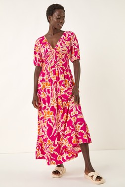 Roman Floral V-Neck Shirred Midi Dress