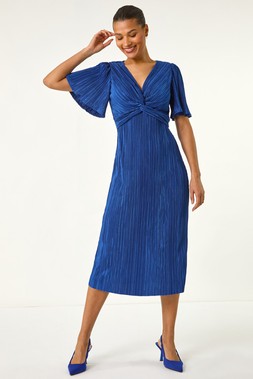 Roman Plisse Flutter Sleeve Midi Dress