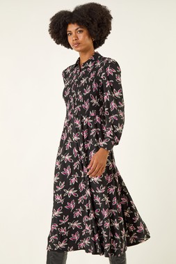 Black Leaf Print Midi Shirt Dress
