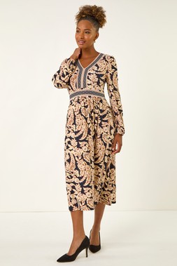 Roman Tan Floral Border Print Midi Dress