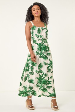 Roman Petite Green Tropical Strappy Midi Dress