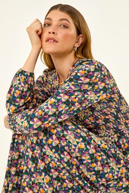 Roman Geometric Print Shirred Midi Dress