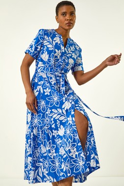 Roman Floral Print Tie Waist Midi Dress