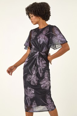 Roman Navy Foil Print Twist Front Stretch Midi Dress