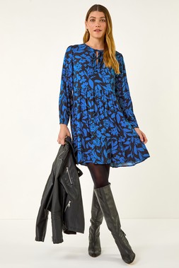 Blue Floral Print Tie Front Smock Dress