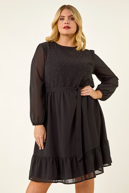 Black Curve Hotfix Tie Waist Dress