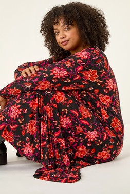 Roman Curve Floral Print Stretch Dress