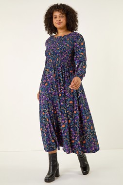Roman Curve Floral Print Shirred Midi Dress