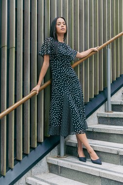 Roman Petite Black Spot Print Godet Hem Midi Dress