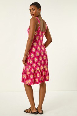 Roman Pink Geometric Print Strappy Frill Dress