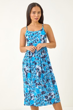 Roman Petite Blue Floral Print Strap Midi Dress