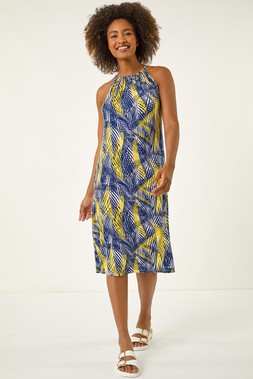 Roman Yellow Gathered Palm Print Swing Stretch Dress