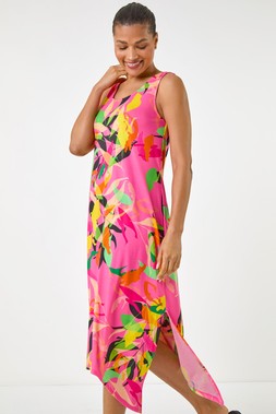 Roman Pink Floral Print Hanky Hem Midi Dress