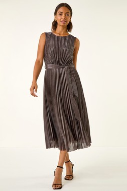 Roman Chocolate Metallic Pleated Midi Dress