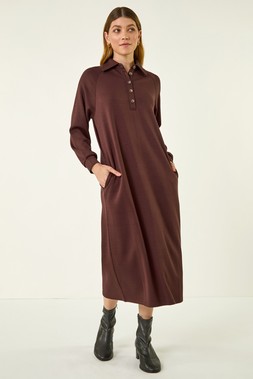 Roman Chocolate Buttoned Collar Midi Dress