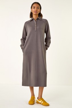 Grey Buttoned Collar Midi Dress