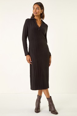 Black Collar Ribbed Knit Midi Dress