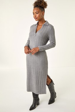 Roman Grey Collar Ribbed Knit Midi Dress