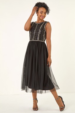 Roman Petite Black Embroidered Mesh Dress