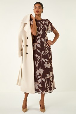 Roman Chocolate Floral Print Flutter Sleeve Midi Dress