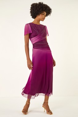 Roman Wine Embellished Ombre Mesh Midi Dress