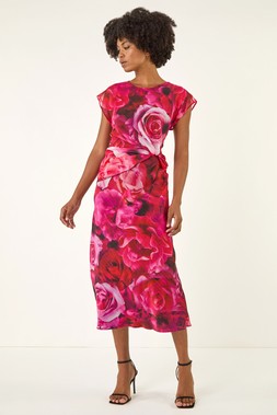 Roman Pink Floral Print Twist Detail Dress