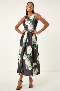 Roman Black Floral Motif Premium Stretch Midi Dress