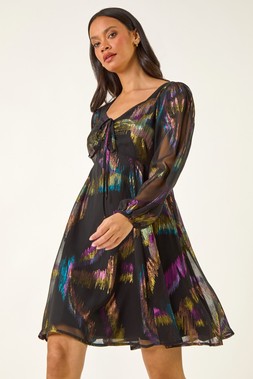 Roman Dusk Foil Print Tie Dress
