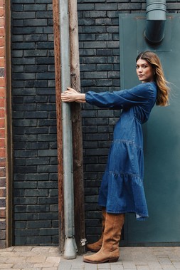 Roman Denim Tiered Midi Dress