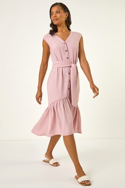 Roman V-Neck Buttoned Tie Waist Midi Dress