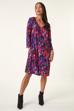 Roman Petite Wine V-Neck Swing Dress