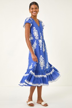 Roman Royal Blue Paisley Print Buttoned Midi Dress