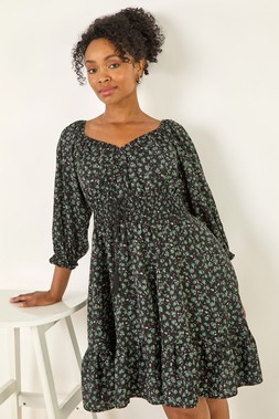 Roman Petite Black Floral Frill Dress
