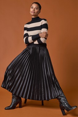 Romn Stripe Knit Bodice Pleated Skirt Dress