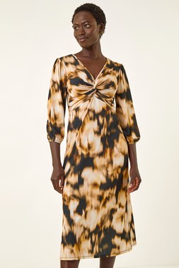 Roman Tan Abstract Twist Front Midi Dress